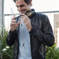 Roger Federer Black Bomber Leather Jacket – close-up and worn views