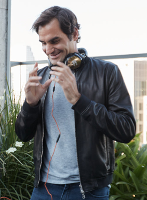 Roger Federer Black Bomber Leather Jacket – close-up and worn views