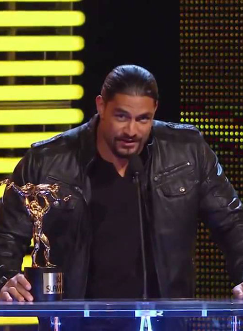Roman Reigns Slammy Award Superstar Of The Year Black Leather Jacket – Roman Reigns wearing the look, photo 2
