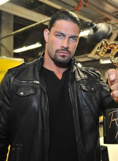 Roman Reigns Slammy Award Superstar Of The Year Black Leather Jacket – Roman Reigns wearing the look, photo 3