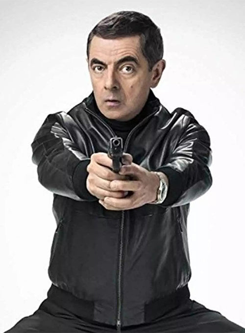 Rowan Atkinson Johnny English Strikes Again Black Leather Jacket – front view