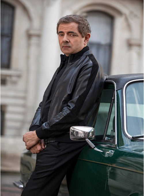 Rowan Atkinson Johnny English Strikes Again Black Leather Jacket – close-up and worn views