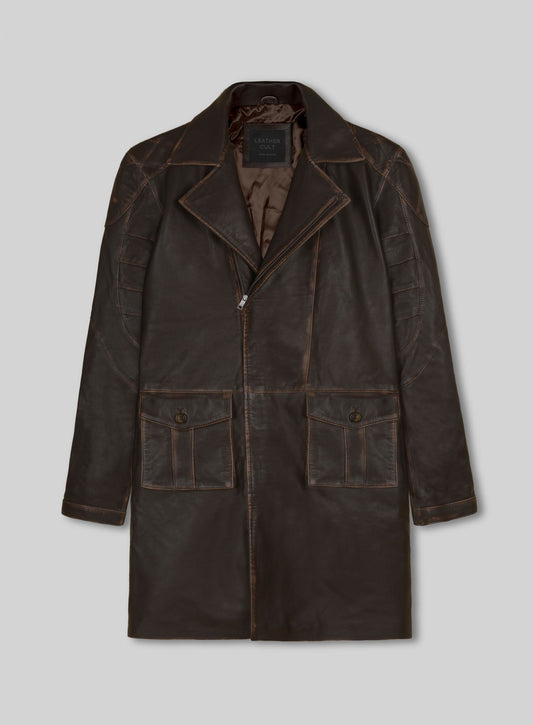 Rubbed Brown Will Smith I Robot Leather Trench Coat – front view