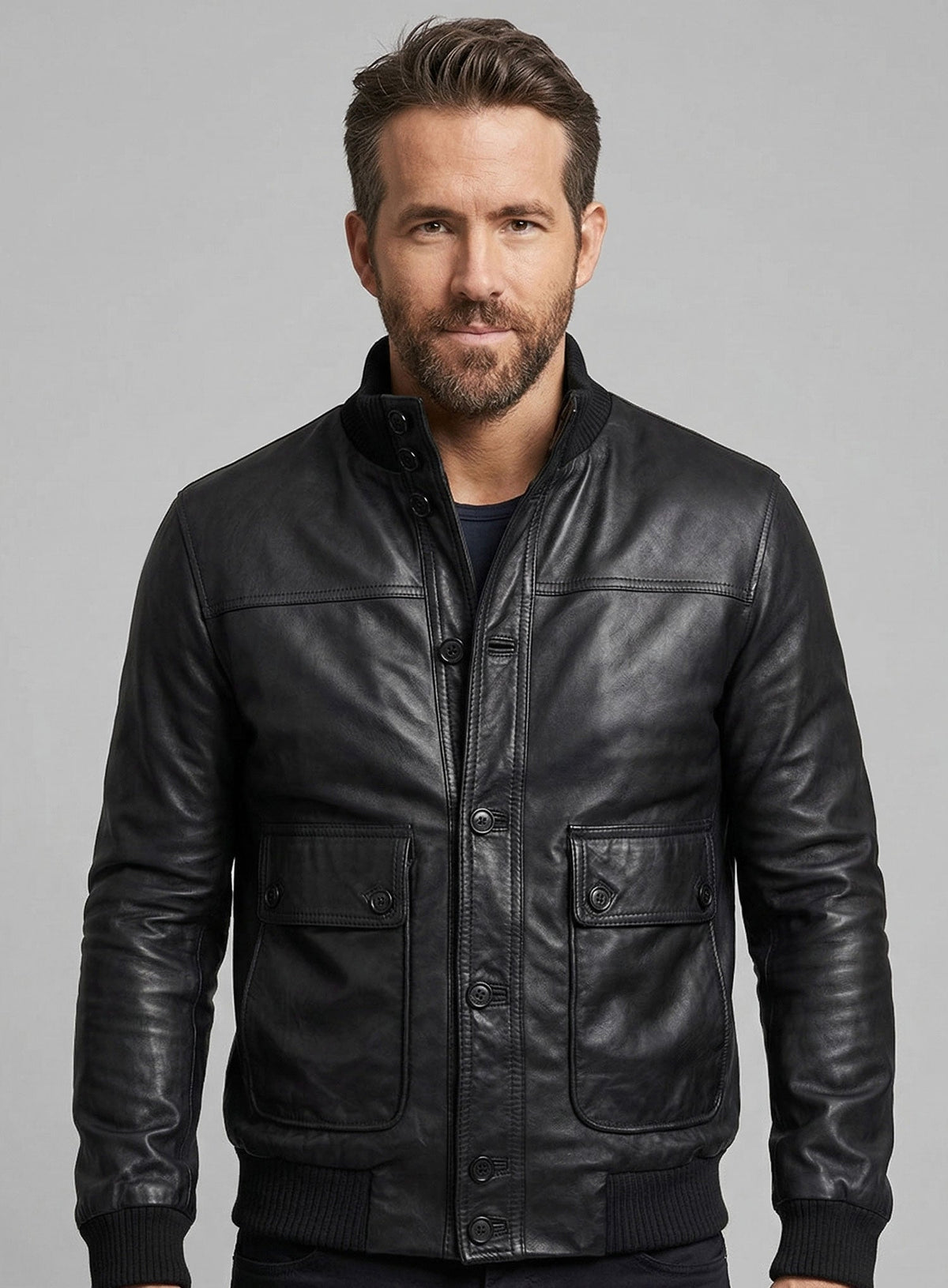 Ryan Reynolds Wolverine Premiere Black Bomber Leather Jacket – worn look