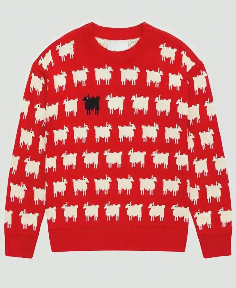 Princess Diana Inspired Black Sheep Sweater: Red Knit Pullover