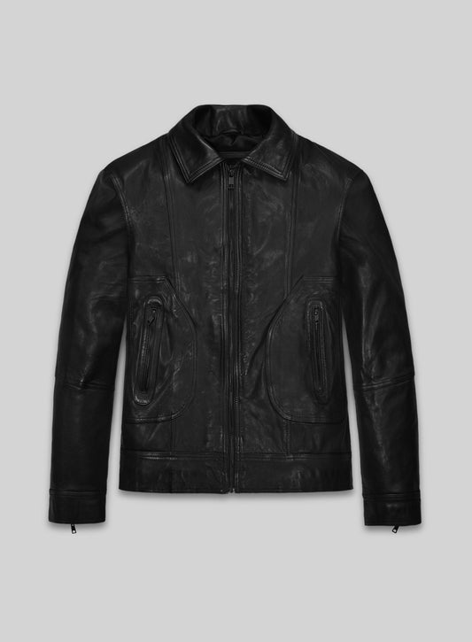 Sam Worthington Black Biker Leather Jacket – front view
