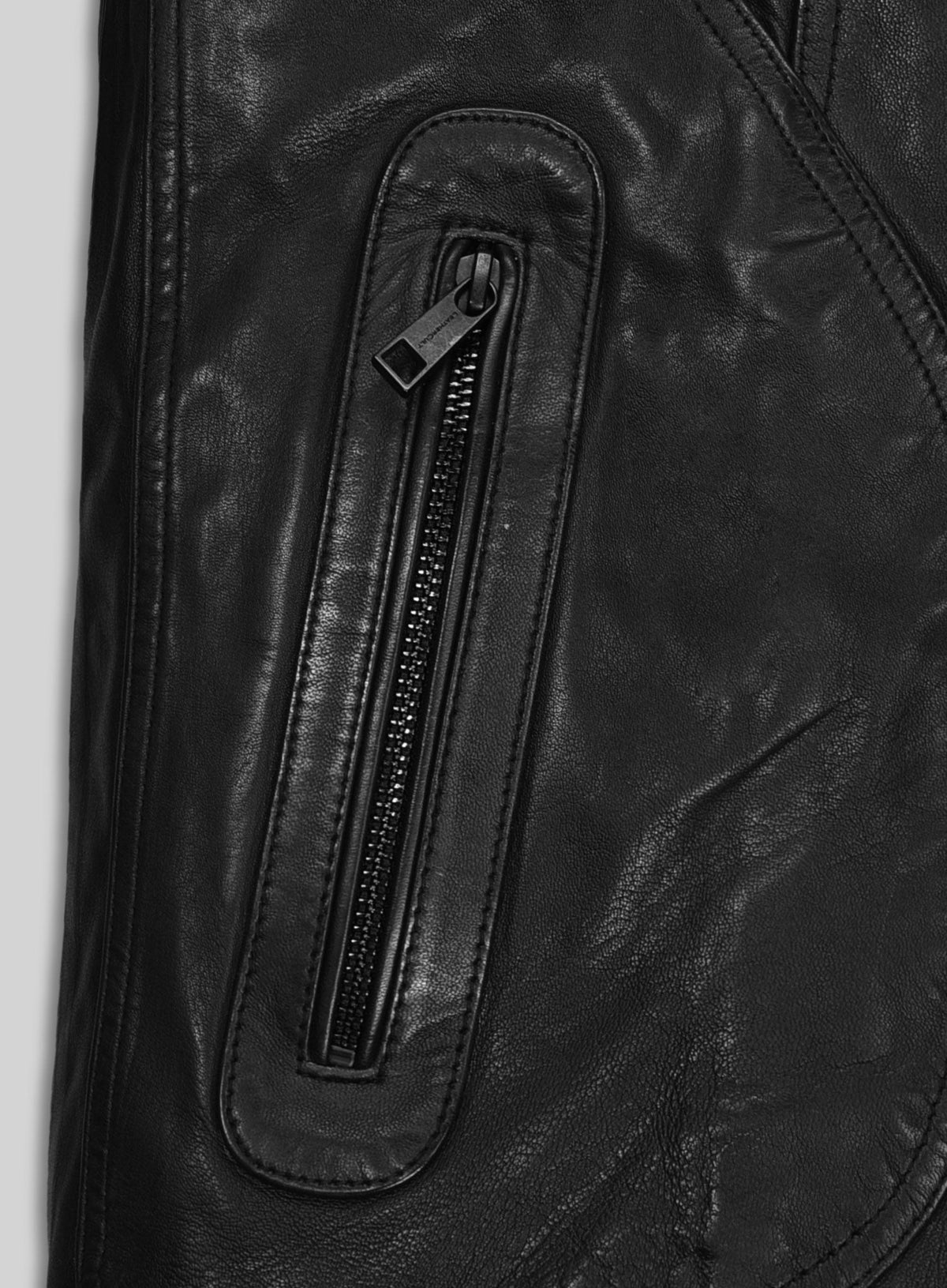 Sam Worthington Black Biker Leather Jacket – close-up and worn views