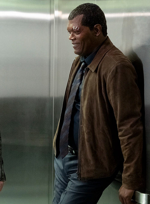 Samuel L. Jackson Captain Marvel Black Leather Jacket – Samuel L. Jackson wearing the look, photo 2