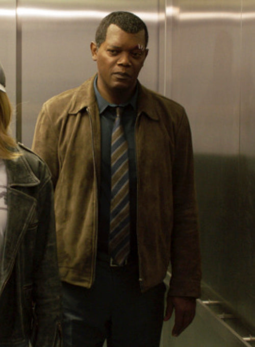 Samuel L. Jackson Captain Marvel Black Leather Jacket – Samuel L. Jackson wearing the look, photo 3