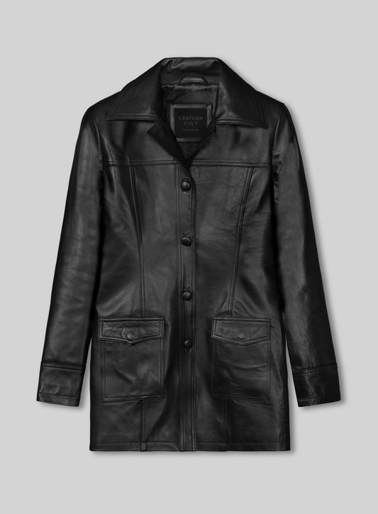 Sandra Bullock Murder by Numbers Black Leather Trench Coat – front view