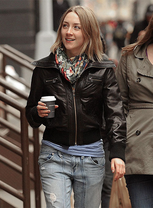 Saoirse Ronan Black Leather Jacket – front view