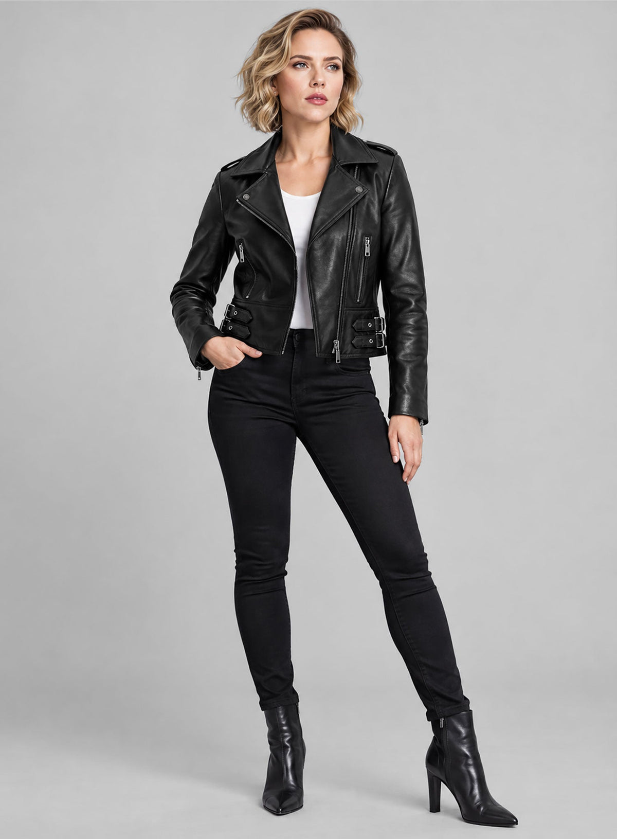 Scarlett Johansson Black Widow Leather Jacket – close-up and worn views