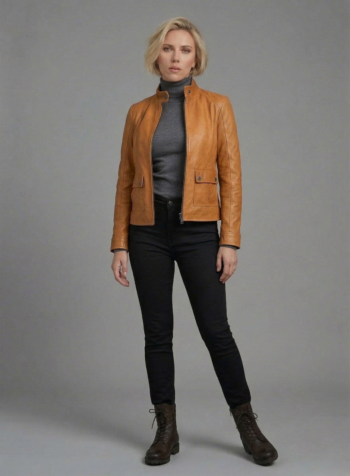 Scarlett Johansson The Avengers Tan Leather Jacket – close-up and worn views