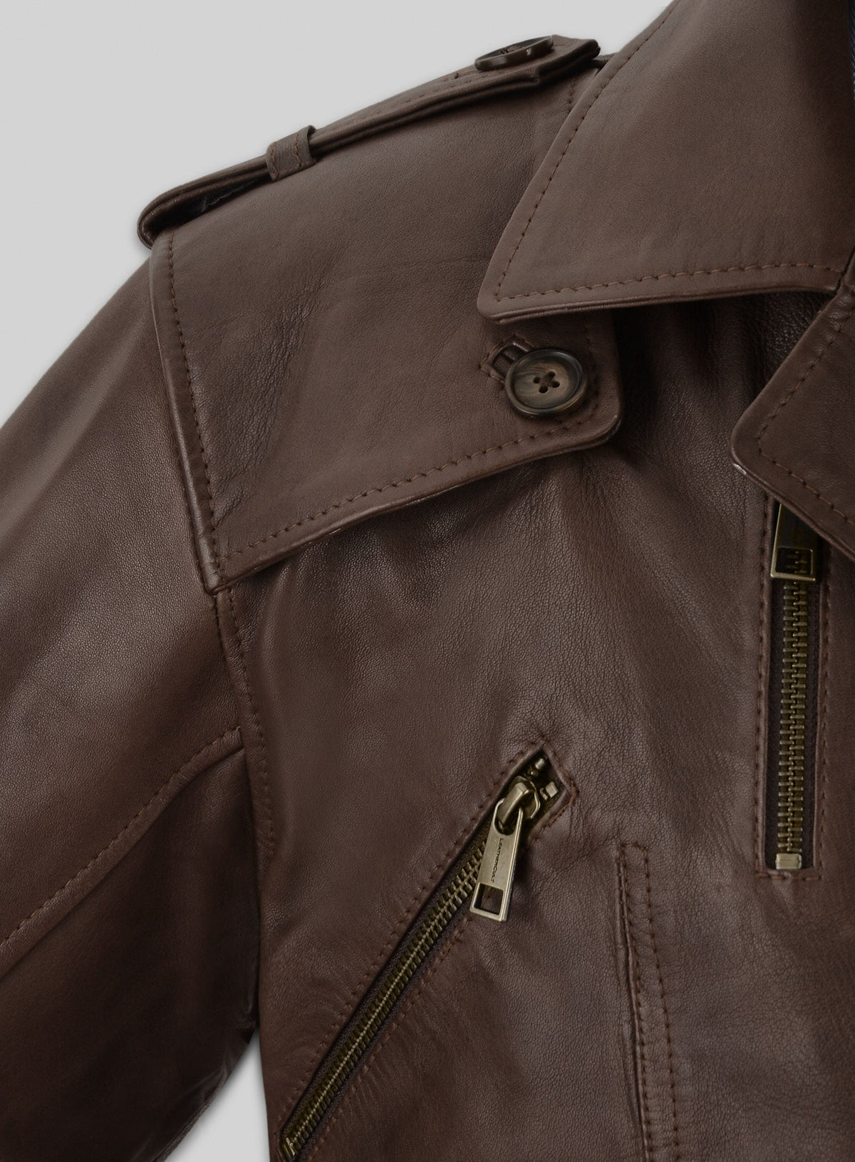 Scott Adkins The Expendables 2 Brown Leather Jacket – close-up detail of hardware and pockets