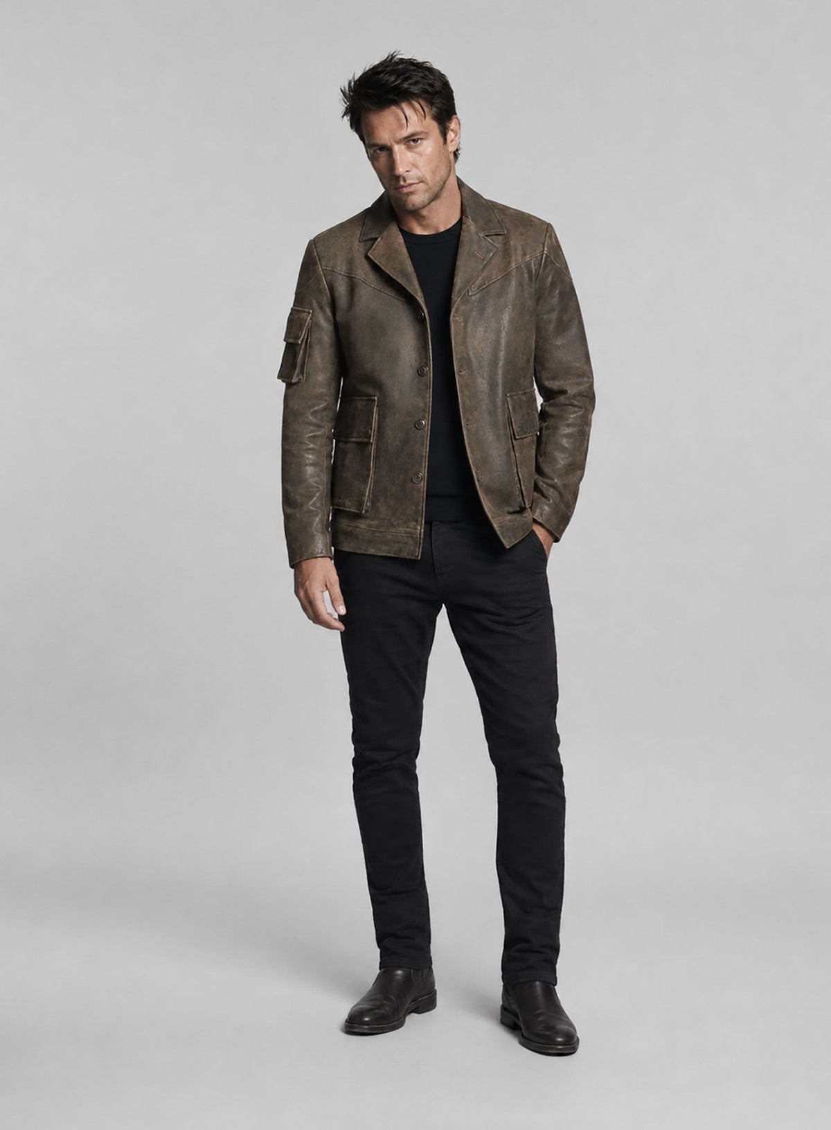 Scott Speedman Underworld Evolution Olive Brown Leather Blazer – full-length view on model