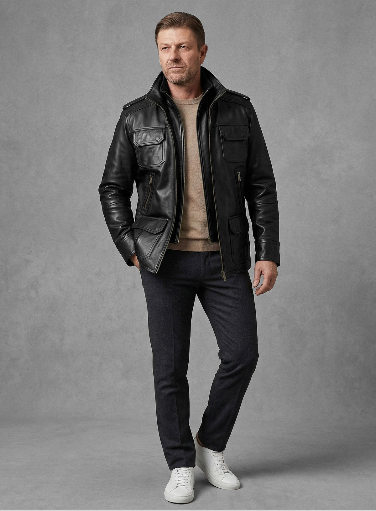 Sean Bean Cleanskin Black Leather Jacket – close-up and worn views