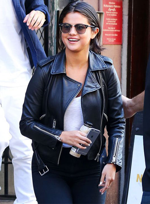 Selena Gomez New York Black Leather Jacket – front view
