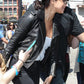 Selena Gomez New York Black Leather Jacket – close-up and worn views
