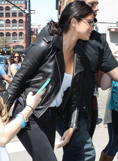 Selena Gomez New York Black Leather Jacket – close-up and worn views