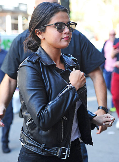 Selena Gomez New York Black Leather Jacket – close-up and worn views