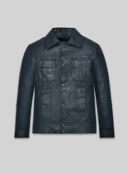 Lucas Bravo Emily in Paris Winsor Blue Lambskin Leather Jacket in soft Winsor blue – front view