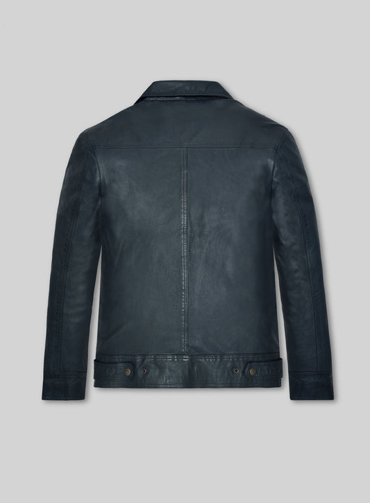 Lucas Bravo Emily in Paris Winsor Blue Lambskin Leather Jacket in soft Winsor blue – back view