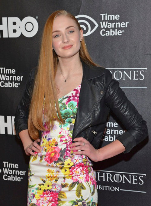 Sophie Turner Black Leather Jacket – close-up and worn views