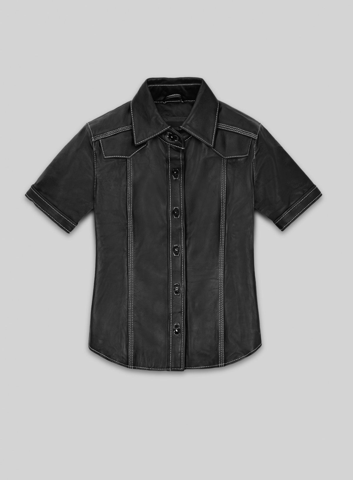 Sophie Turner Black Leather Shirt – front view