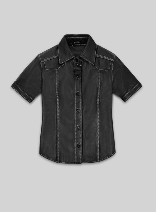 Sophie Turner Black Leather Shirt – front view