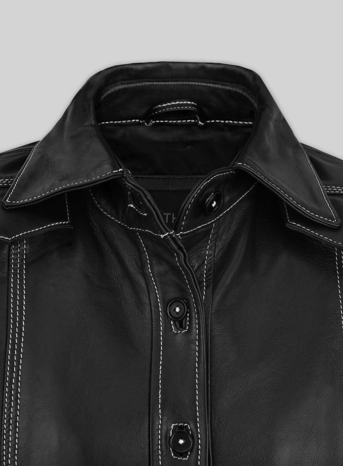 Sophie Turner Black Leather Shirt – close-up and worn views