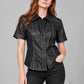 Sophie Turner Black Leather Shirt – close-up and worn views