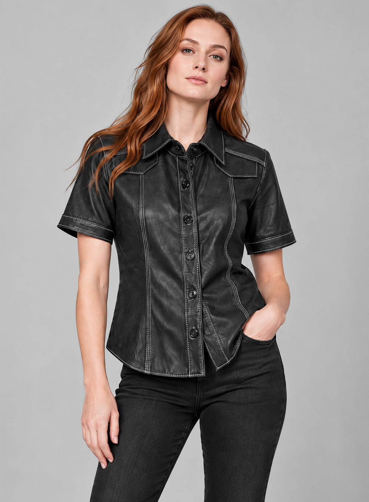 Sophie Turner Black Leather Shirt – close-up and worn views