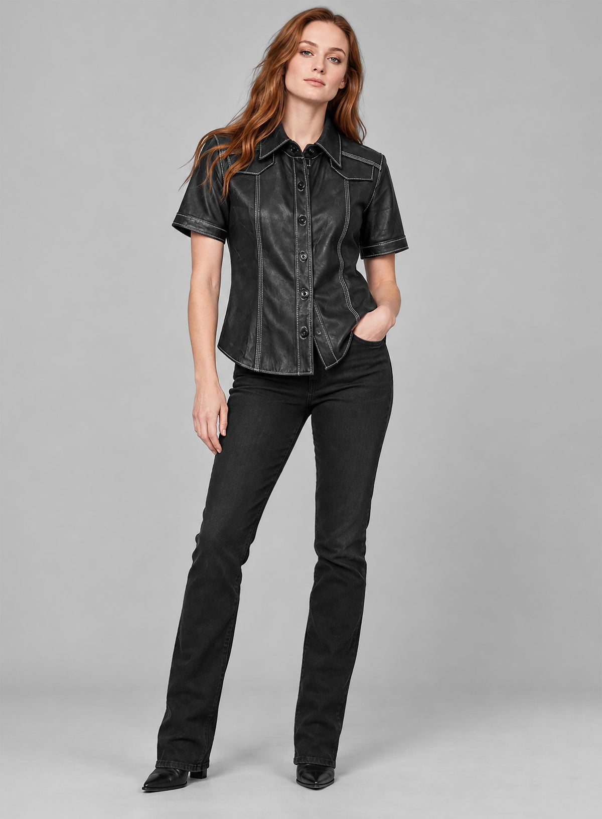 Sophie Turner Black Leather Shirt – full product view