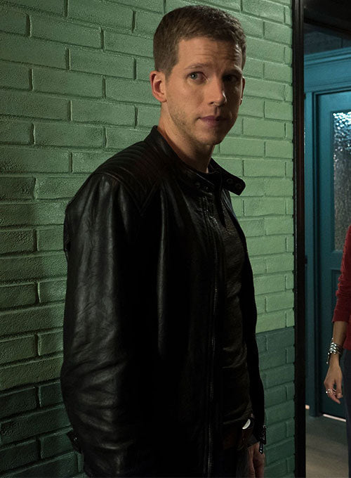 Stark Sands Minority Report Black Leather Jacket – Stark Sands wearing the look, photo 3