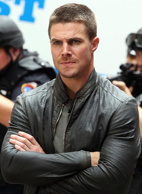 Stephen Amell Teenage Mutant Ninja Turtles Black Leather Jacket – close-up and worn views