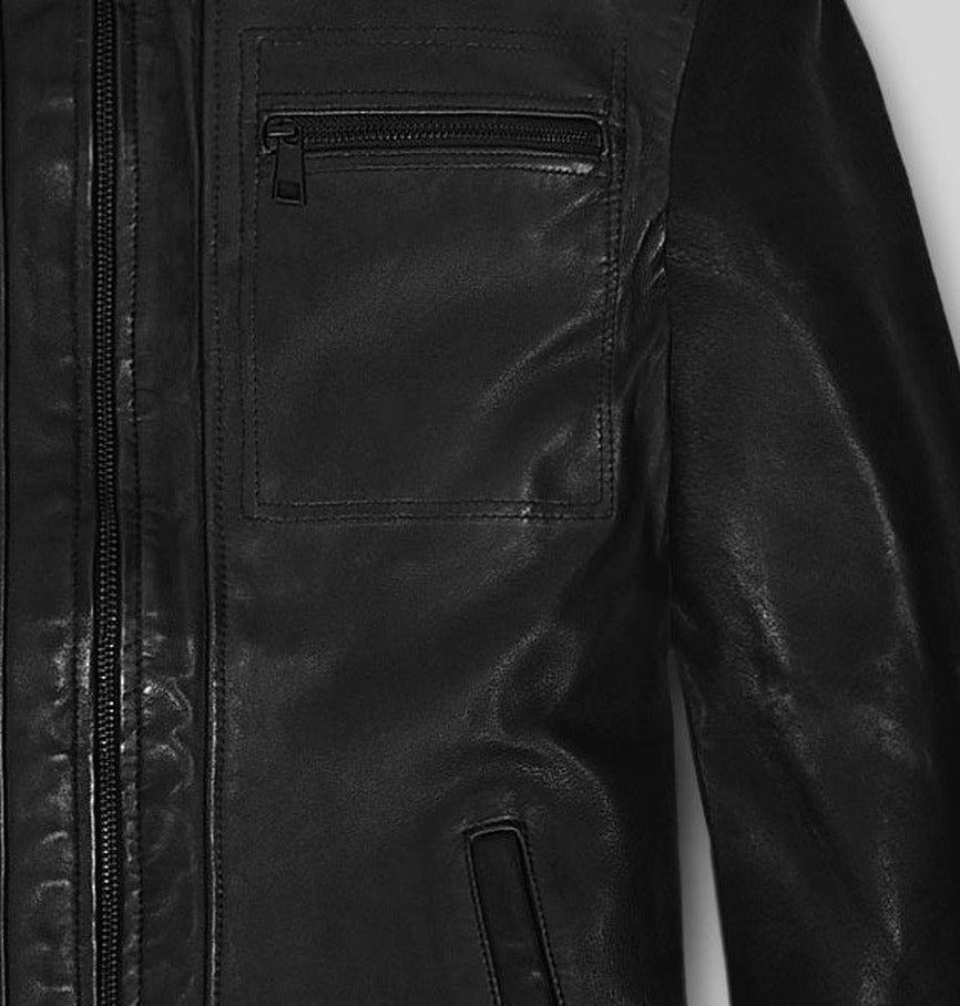 Steve Burton General Hospital Black Leather Jacket – close-up detail of front closure, pocket and leather stitching