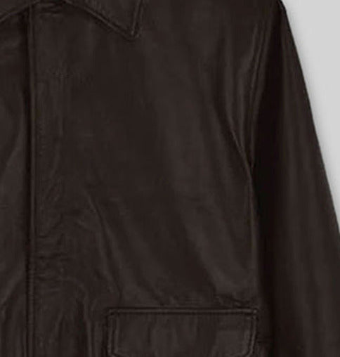 Steve Carell Welcome to Marwen Black Bomber Leather Jacket – close-up detail of front closure, pocket and leather stitching