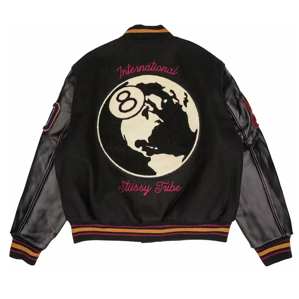 40th Anniversary Stussy Black Full-Snap Wool/Leather Varsity Jacket