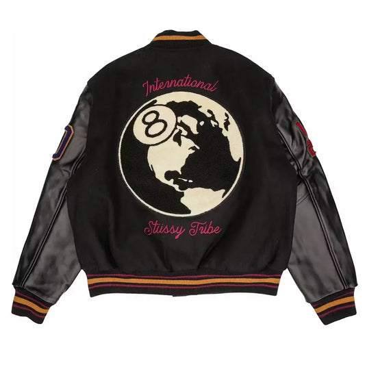 40th Anniversary Stussy Black Full-Snap Wool/Leather Varsity Jacket