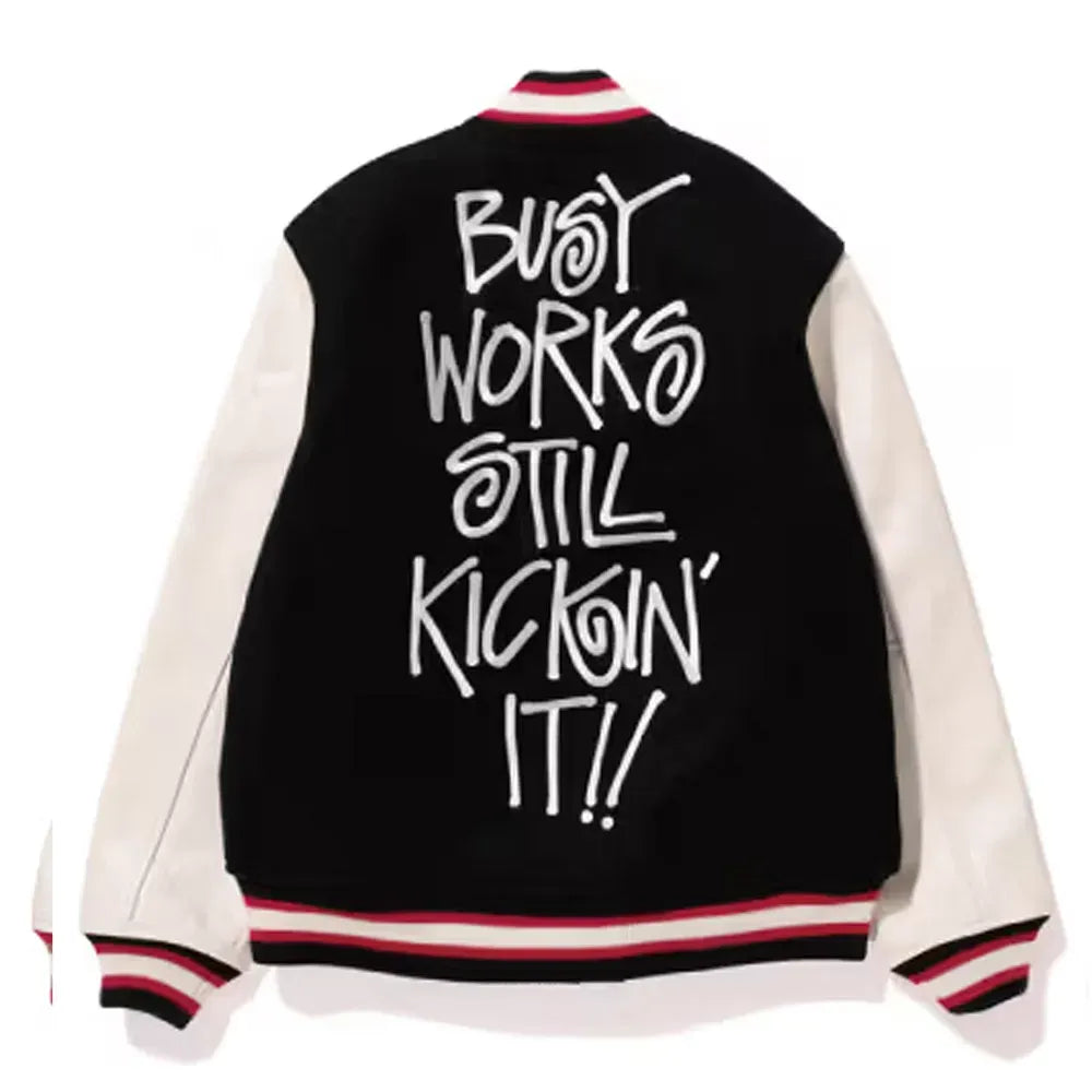 Red/Black&nbsp;Bape Stussy&nbsp;Varsity&nbsp;Full-Snap Wool/Leather&nbsp;Jacket