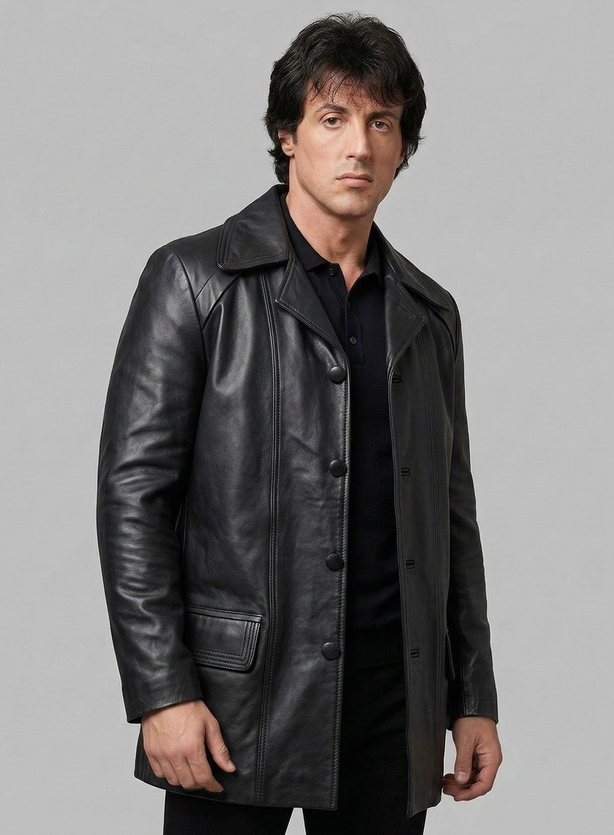 Sylvester Stallone Rocky 2 Black Leather Trench Coat – back view