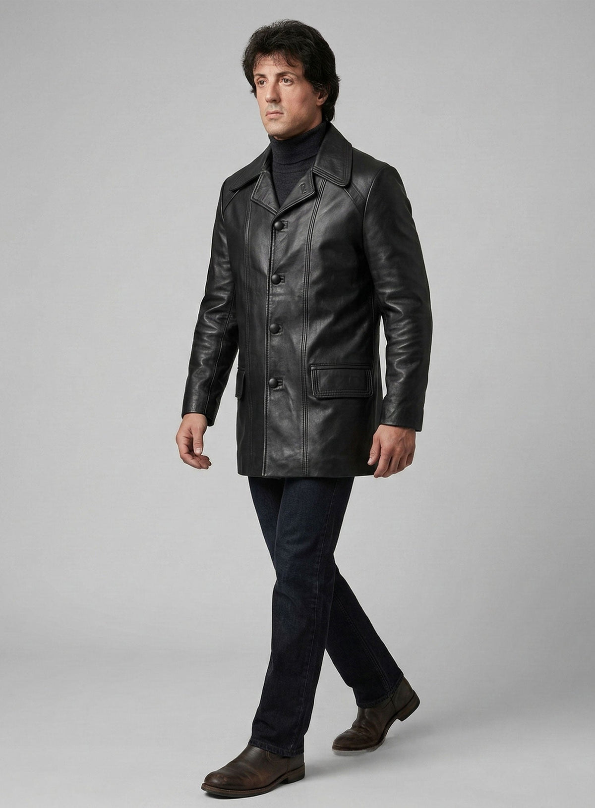 Sylvester Stallone Rocky 2 Black Leather Trench Coat – close-up and worn views