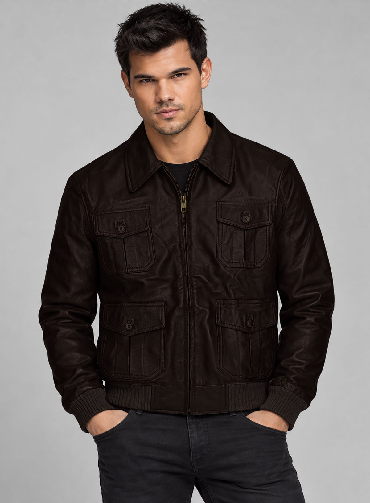 Taylor Lautner Abduction Black Leather Jacket – close-up and worn views