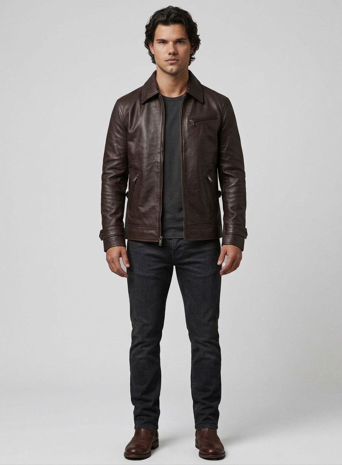 Taylor Lautner The Twilight Saga Black Leather Jacket – close-up and worn views