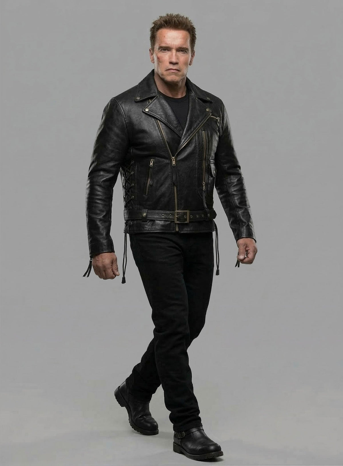 Terminator 2 Black Leather Biker Jacket in black Napa leather, product view 8