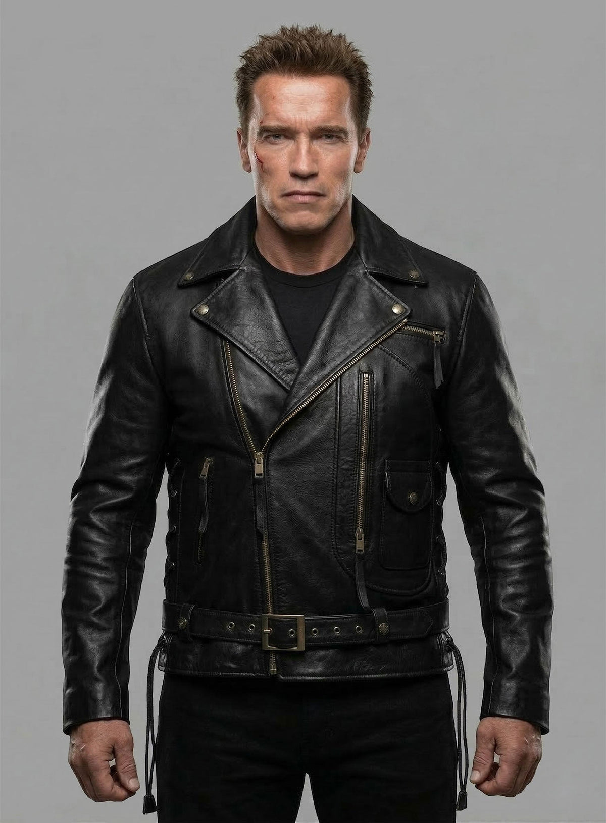Terminator 2 Black Leather Biker Jacket in black Napa leather, product view 7