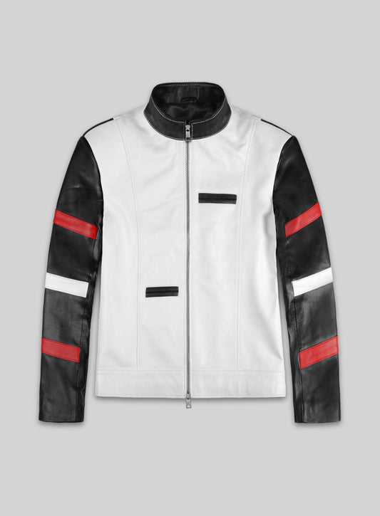 Way of the Dragon White Striped Leather Jacket – front view