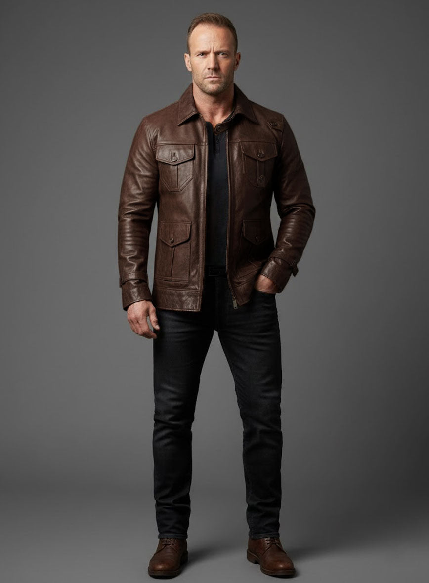 The Expendables 2 Jason Statham Black Leather Jacket – close-up and worn views
