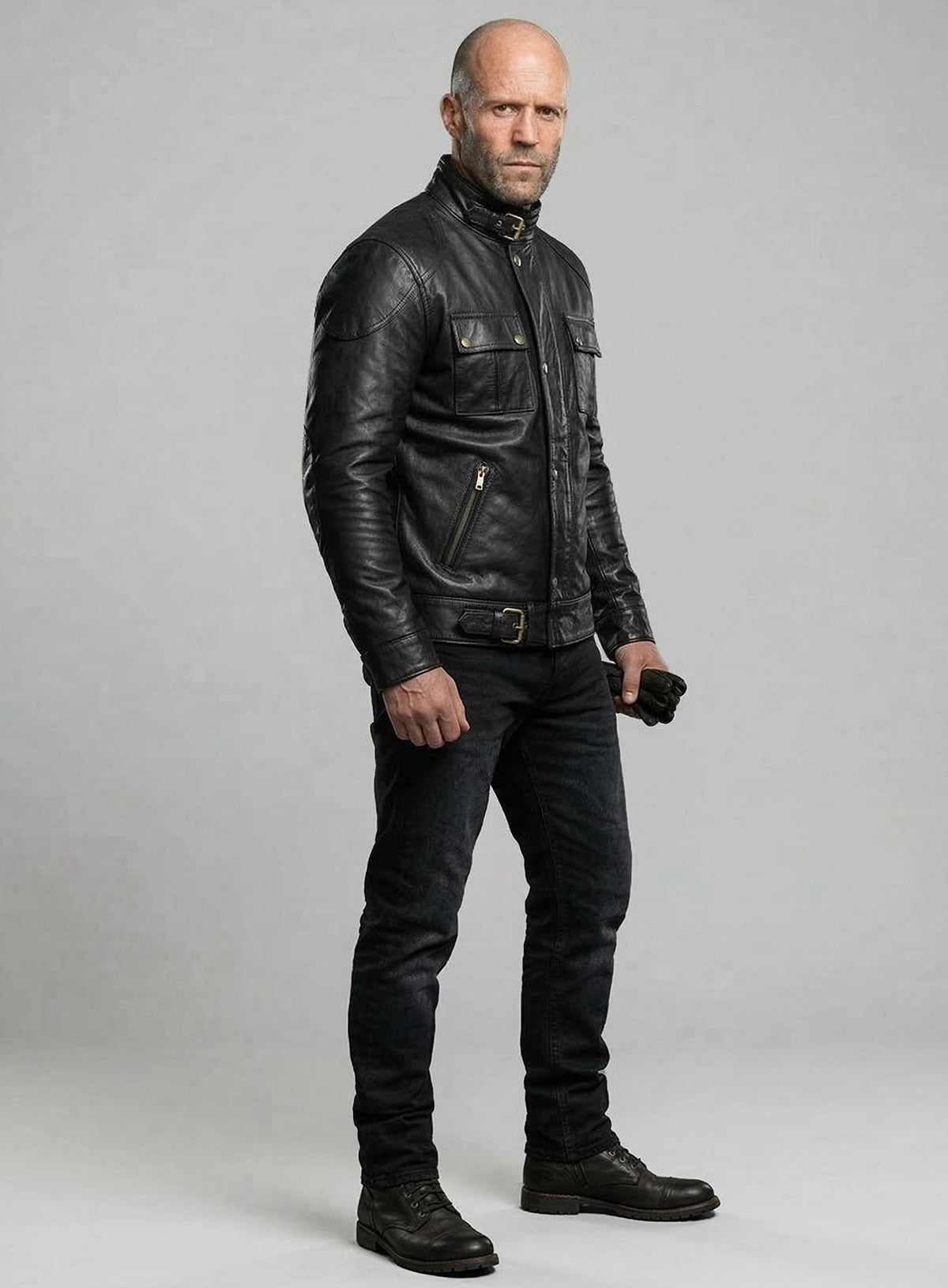 The Expendables Lee Christmas Black Leather Jacket – close-up and worn views