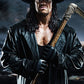 The Undertaker Black Leather Long Coat – close-up and worn views